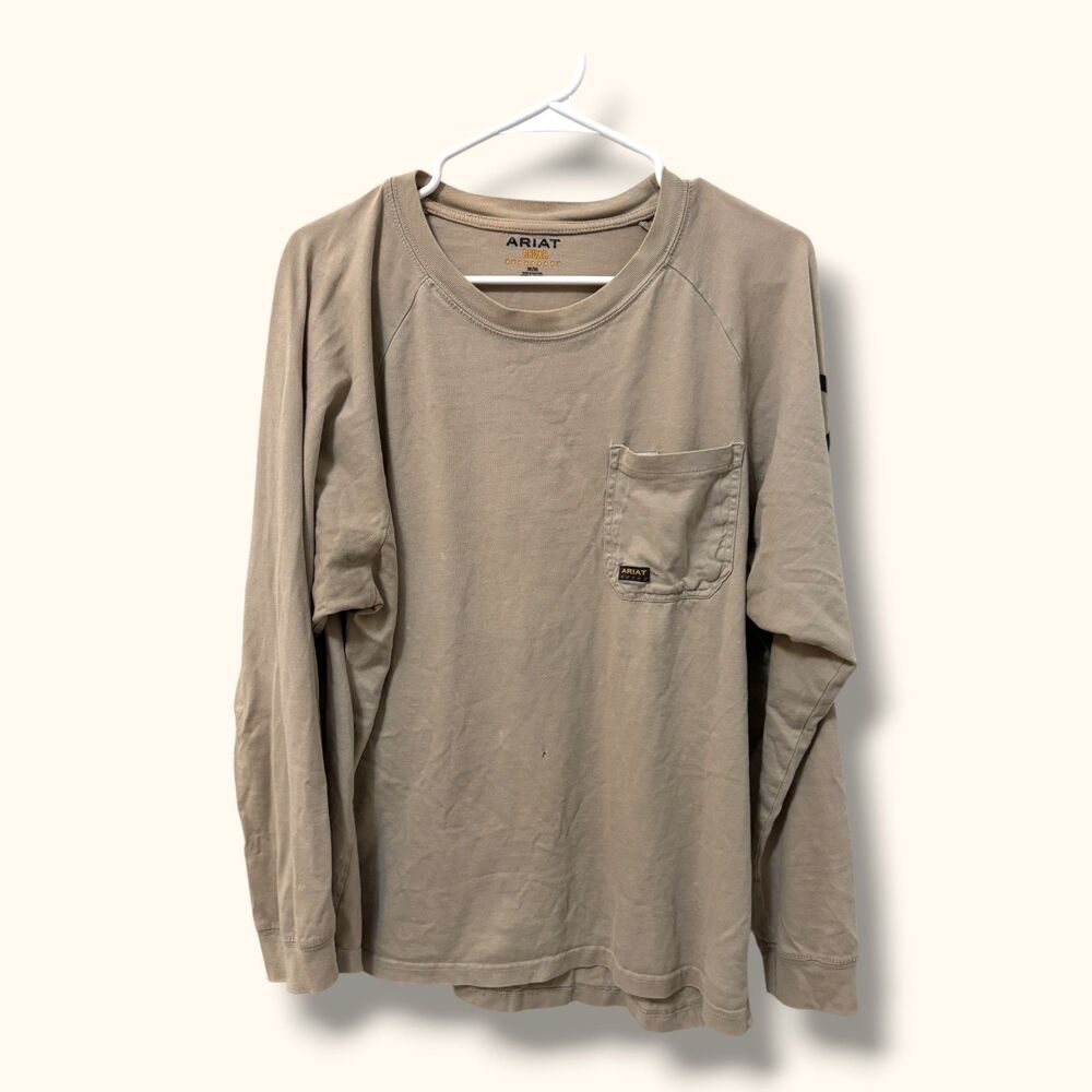 Ariat Shirt Mens M Rebar Long Sleeve Pocket Logo Sleeve Graphic Work Tee Khaki